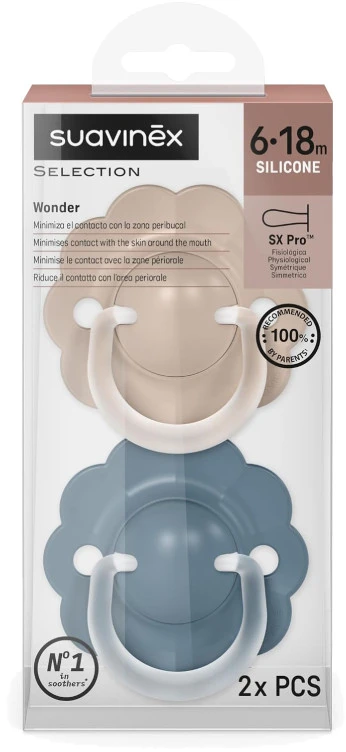 SUAVINEX FIZIOLOGINIS ČIULPTUKAS SX PRO WONDER, 6-18 MĖN., DEEP BEIGE/Mėlynas, 2 VNT.