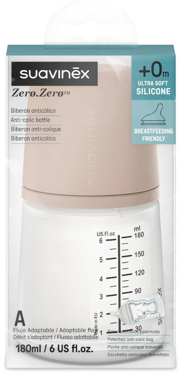 SUAVINEX ZERO ZERO ANTI-COLIC BUTELIUKAS SU LĖTOS SROVĖS ŽINDUKU, 180ML, NUO +0 MĖN., MEDIUM