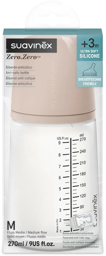 SUAVINEX ZERO ZERO ANTI-COLIC BUTELIUKAS SU VIDUTINĖS SROVĖS ŽINDUKU, 270 ML, NUO +3 MĖN., MEDIUM