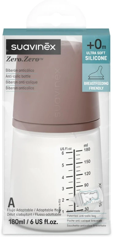 SUAVINEX ZERO ZERO ANTI-COLIC BUTELIUKAS SU REGULIUOJAMOS SROVĖS ŽINDUKU, 180 ML, NUO +0 MĖN., DEEP