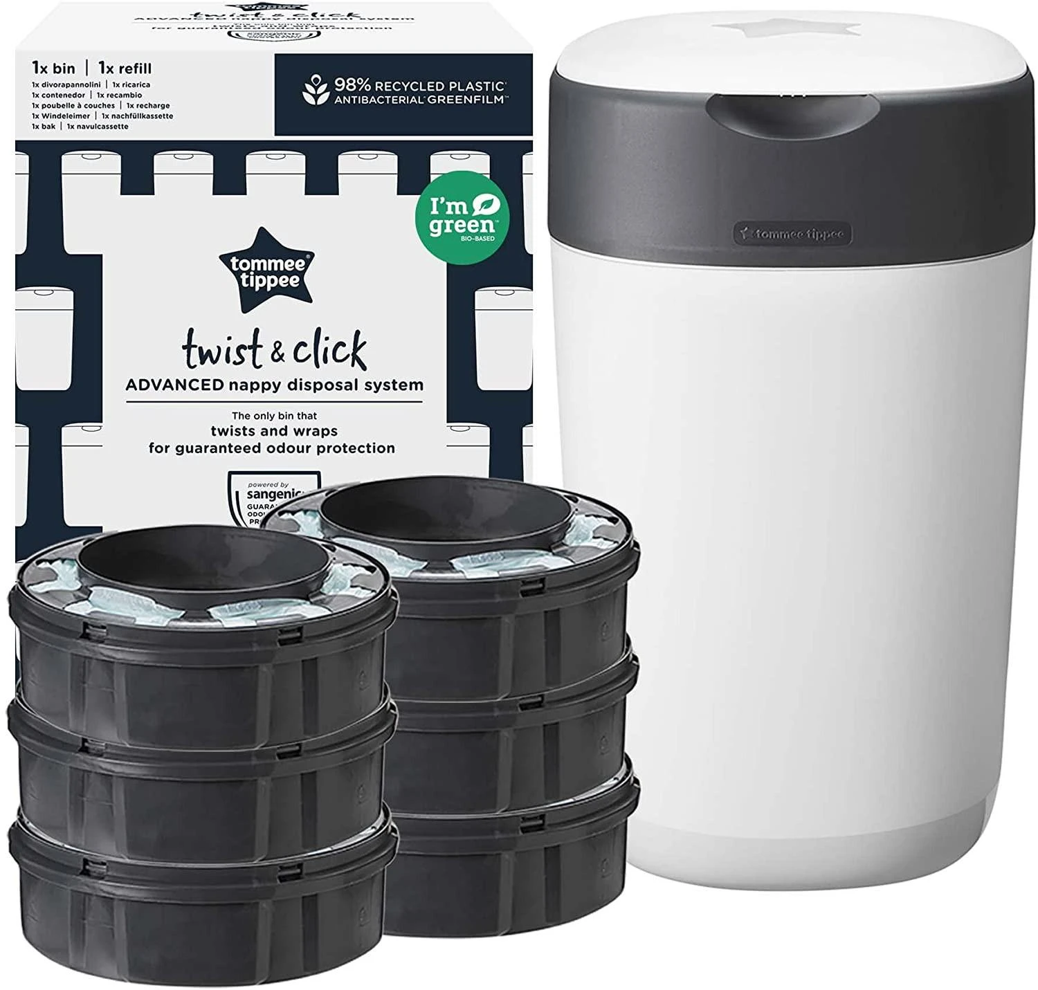 TOMMEE TIPPEE SANGENIC TWIST AND CLICK ADVANCED SAUSKELNIŲ KONTEINERIO IR 6 VNT. KASEČIŲ RINKINYS, Baltas