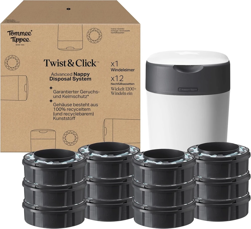 TOMMEE TIPPEE TWIST AND CLICK ADVANCED SAUSKELNIŲ KONTEINERIO IR 12 VNT. KASEČIŲ RINKINYS, Baltas