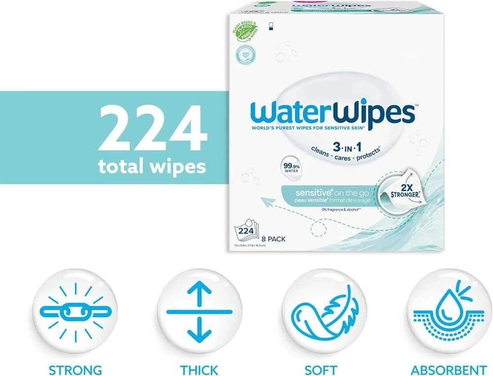 WATERWIPES SENSITIVE+ ON THE GO DRĖGNOS SERVETĖLĖS 8 PAKUOTĖS PO 28 VNT. (224 vnt.) 3-IN-1