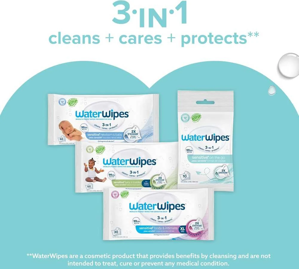 WATERWIPES SENSITIVE+ ON THE GO DRĖGNOS SERVETĖLĖS 8 PAKUOTĖS PO 28 VNT. (224 vnt.) 3-IN-1