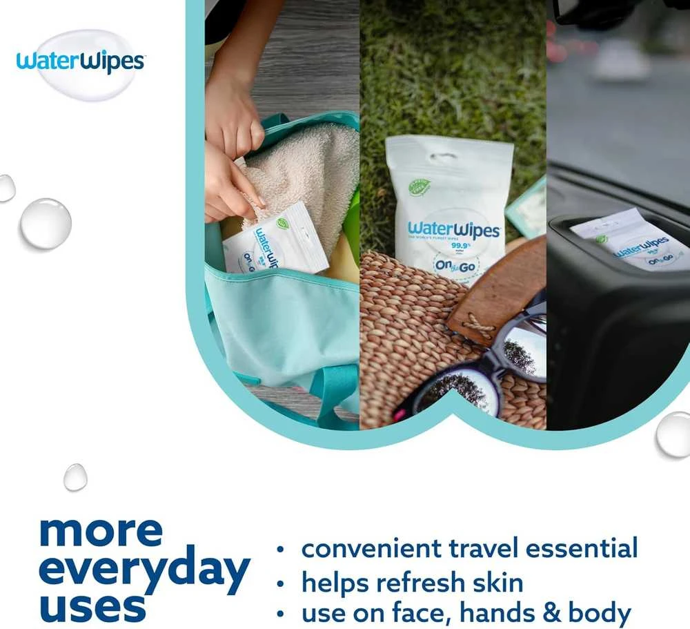 WATERWIPES SENSITIVE+ ON THE GO DRĖGNOS SERVETĖLĖS 8 PAKUOTĖS PO 28 VNT. (224 vnt.) 3-IN-1