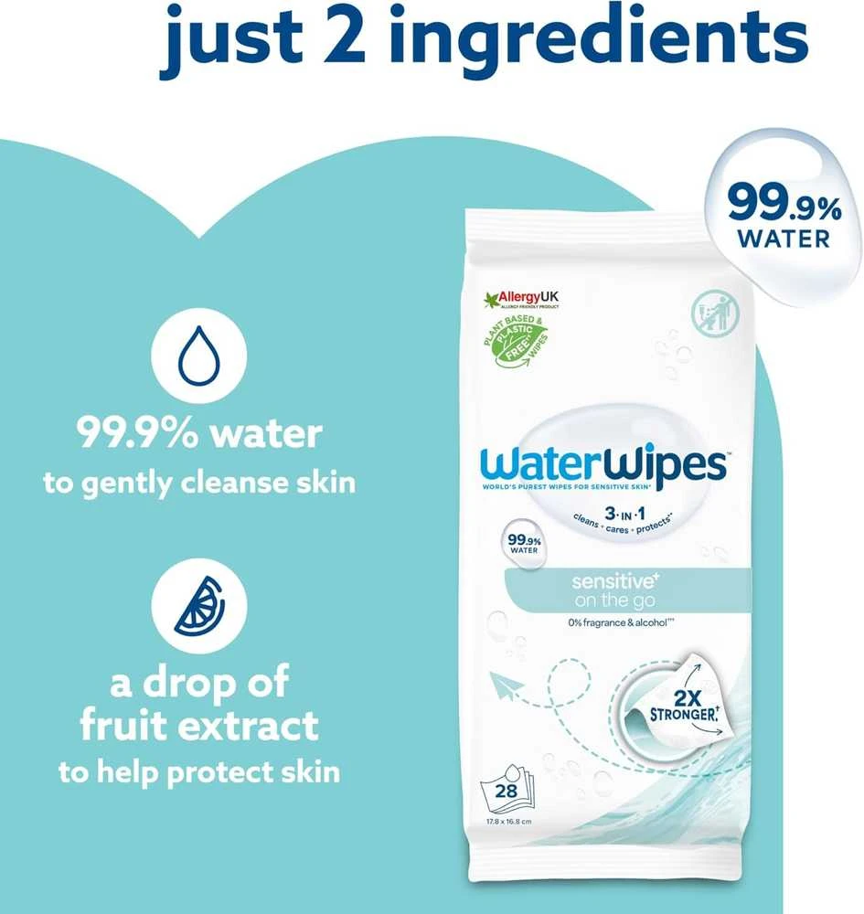 WATERWIPES SENSITIVE+ ON THE GO DRĖGNOS SERVETĖLĖS 8 PAKUOTĖS PO 28 VNT. (224 vnt.) 3-IN-1