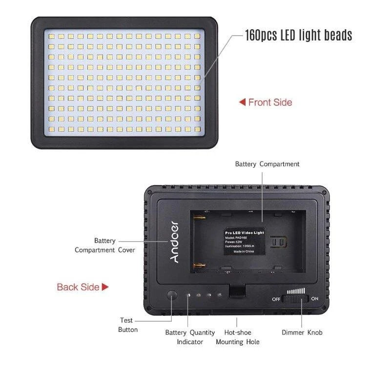 Andoer W160 LED šviestuvas