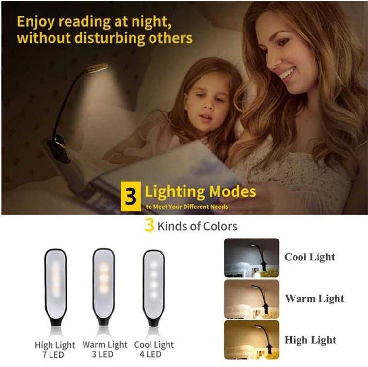 skaitymo lemputė,„Book Light Mini 7 LED“ įkraunama 3 lygių šilta šalta balta lanksti