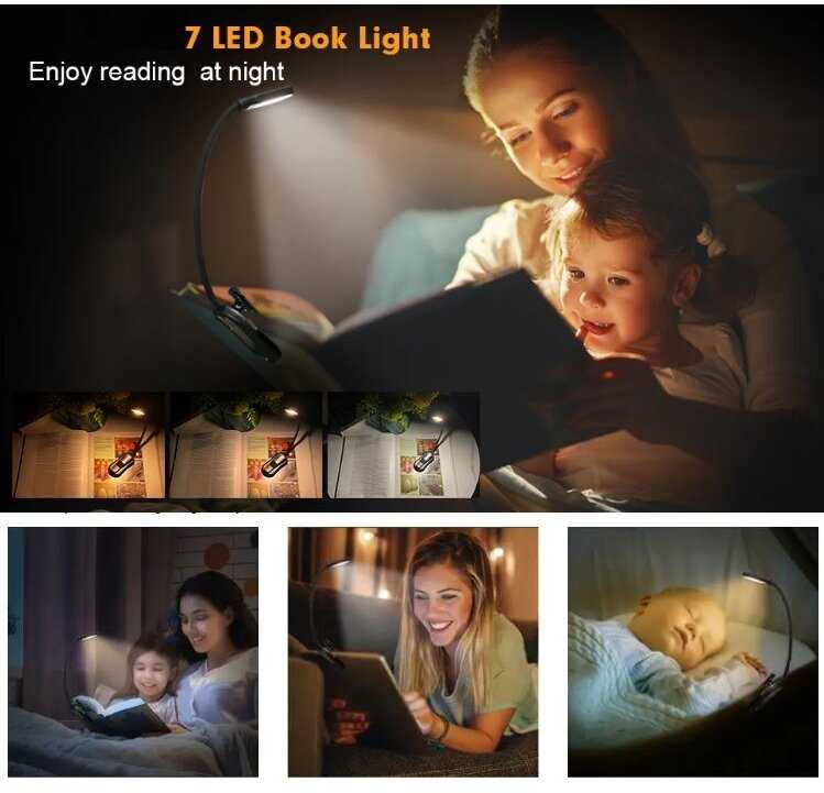 skaitymo lemputė,„Book Light Mini 7 LED“ įkraunama 3 lygių šilta šalta balta lanksti