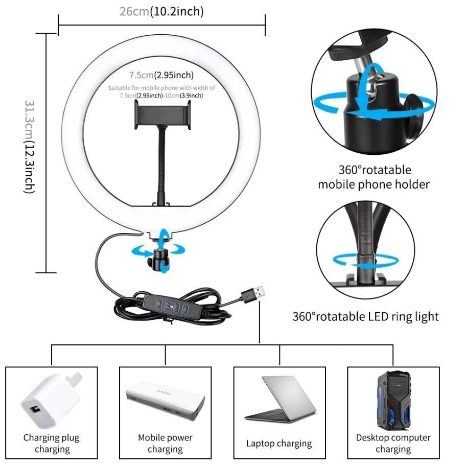 žiedinė 26 cm LED lempa su valdikliu ir stovu 2,0m