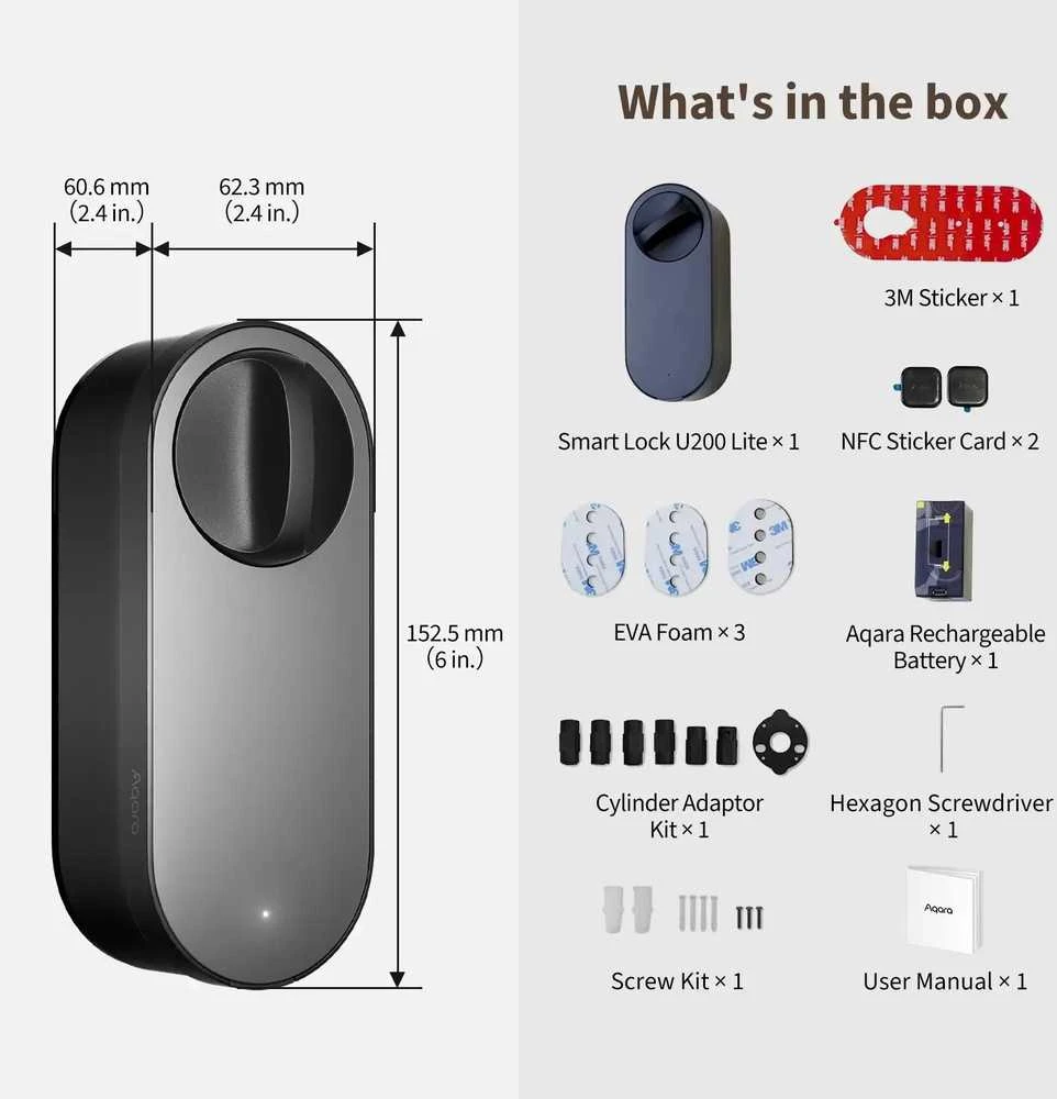 Aqara U200 lite išmanioji durų spyna Matter, Apple Home juoda (EL-D03D)
