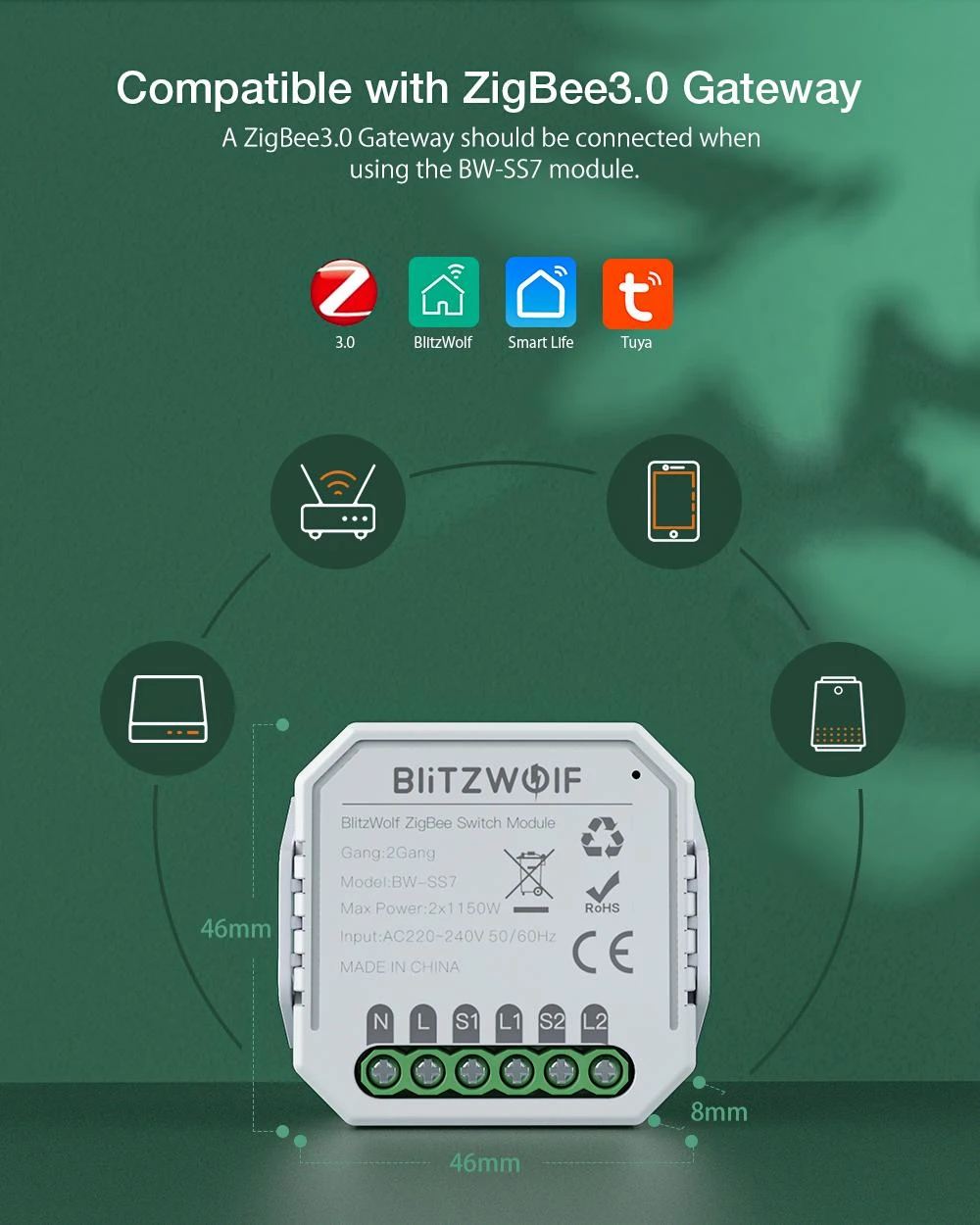 BlitzWolf 1 kanalo 10A Zigbee relė BWSS71