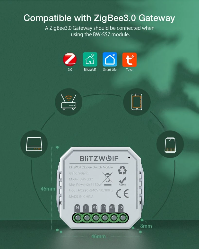 BlitzWolf 1 kanalo 10A Zigbee relė BWSS71 aprašymas - Prekės nuotrauka