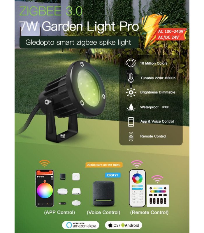 Gledopto Gledopt Zigbee Pro Lauko šviestuvas RGB+CCT 7W aprašymas - Prekės nuotrauka