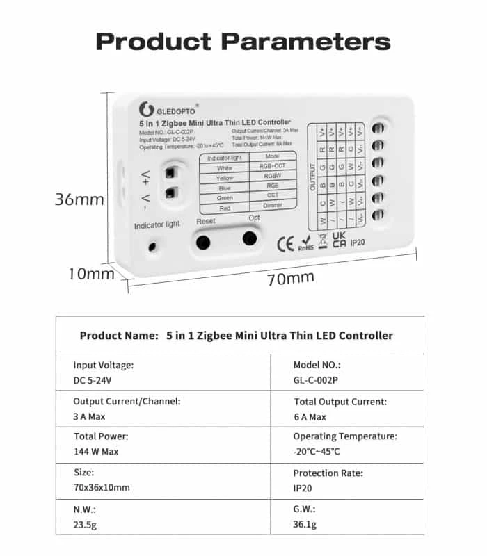 Gledopto Mini Zigbee LED kontroleris 144W 5in1 RGBW, Dimmer, RGBCCT, RGB, WW/CW aprašymas - Prekės nuotrauka