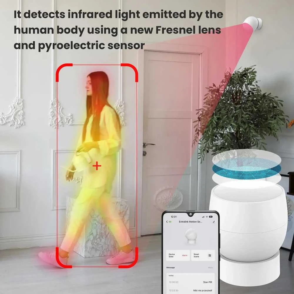 Išmanusis bevielis patalpos PIR judesio jutiklis, ZigBee, baltas, TUYA, Smart Life, Extralink