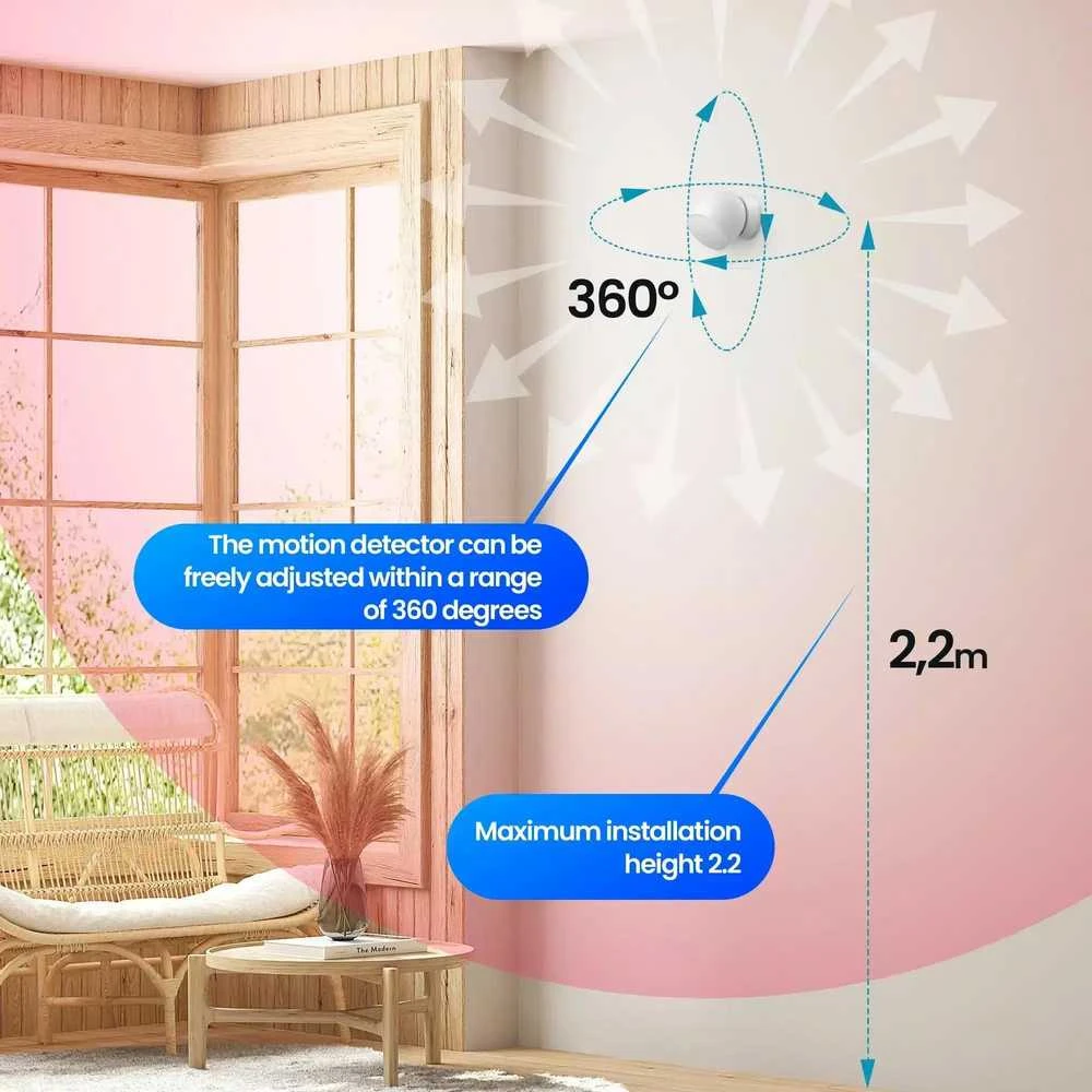 Išmanusis bevielis patalpos PIR judesio jutiklis, ZigBee, baltas, TUYA, Smart Life, Extralink