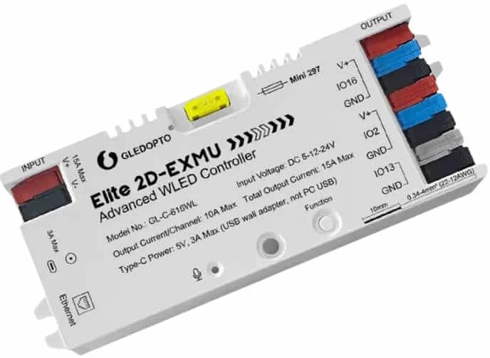 Gledopto Elite 2D-EXMU GL-C-616WL – išmanus 2 kanalų WLED RGBIC LED valdiklis, Wi-Fi, Ethernet