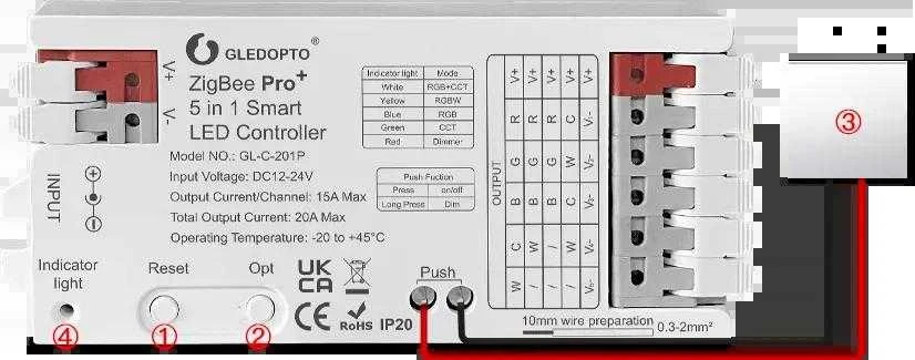 Gledopto GL-C-201P, Zigbee Pro 5-in-1 LED kontroleris (Zigbee+RF) 12V-24V DC