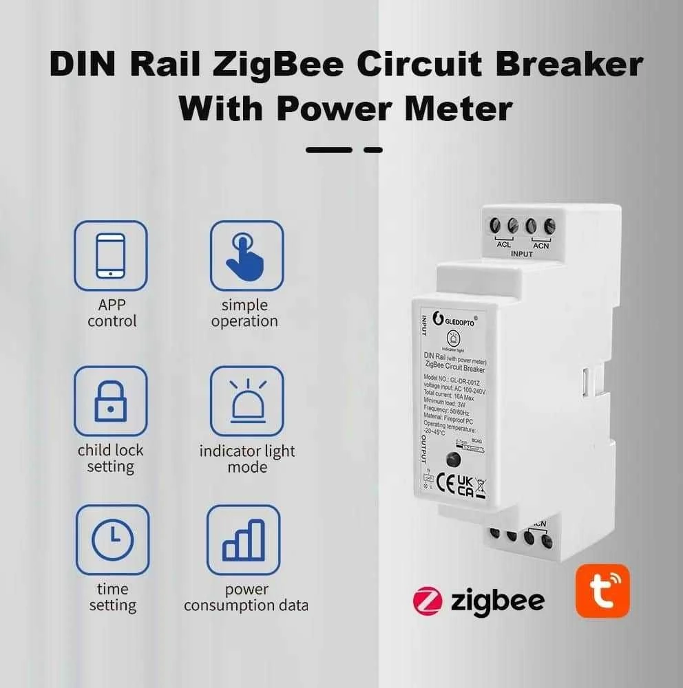 Gledopto GL-DR-001Z Tuya Zigbee relė su el. sąnaudų matavimu 16A