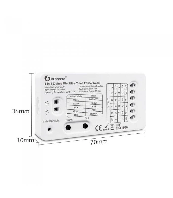 Gledopto Mini Zigbee LED kontroleris 144W 5in1 RGBW, Dimmer, RGBCCT, RGB, WW/CW
