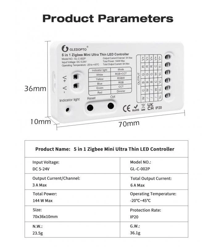 Gledopto Mini Zigbee LED kontroleris 144W 5in1 RGBW, Dimmer, RGBCCT, RGB, WW/CW