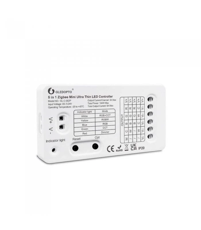 Gledopto Mini Zigbee LED kontroleris 144W 5in1 RGBW, Dimmer, RGBCCT, RGB, WW/CW