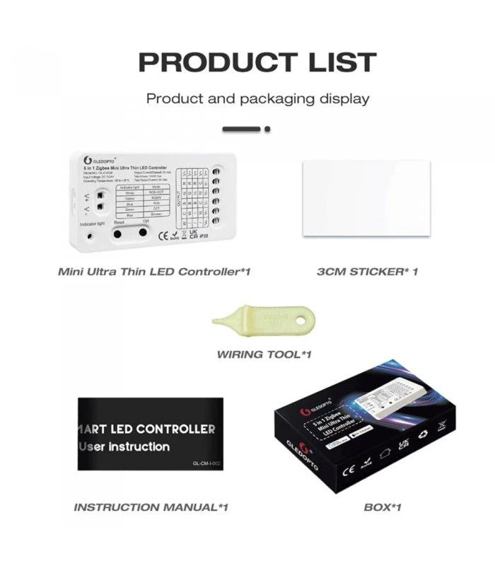 Gledopto Mini Zigbee LED kontroleris 144W 5in1 RGBW, Dimmer, RGBCCT, RGB, WW/CW