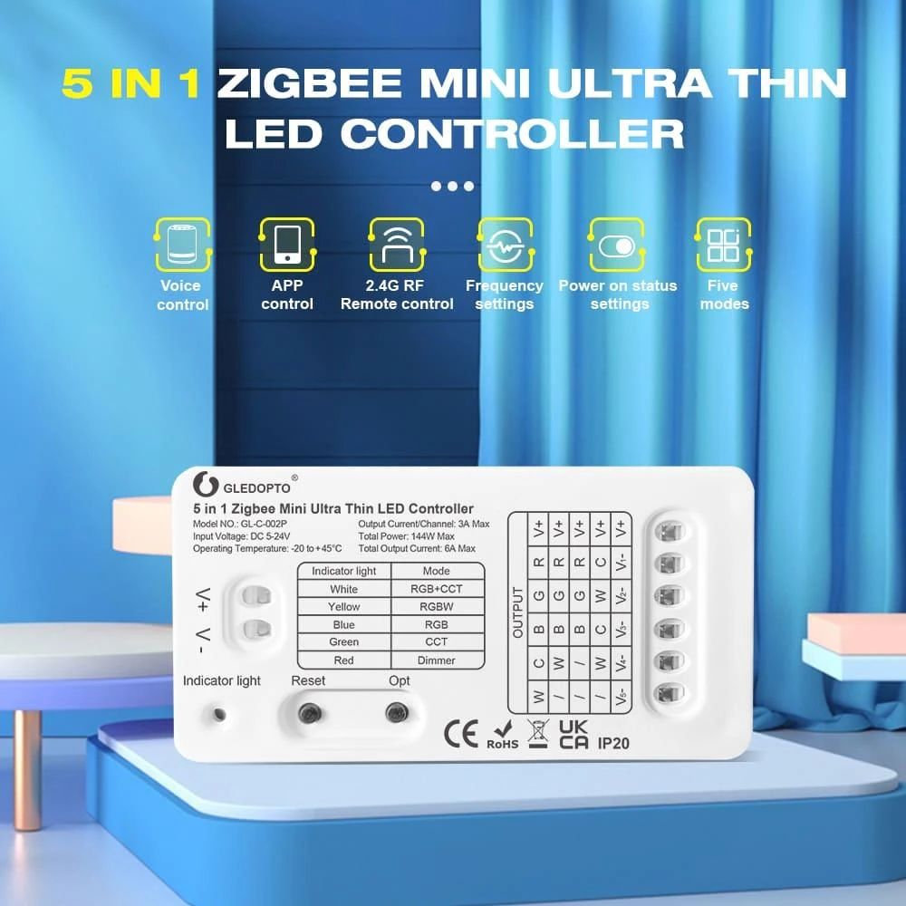 Gledopto Mini Zigbee LED kontroleris 144W 5in1 RGBW, Dimmer, RGBCCT, RGB, WW/CW