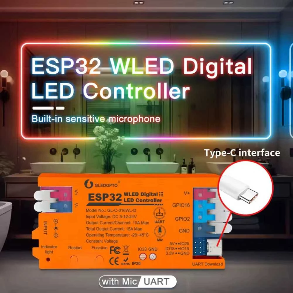 Gledopto WiFi ESP32 WLED LED juostos kontroleris, su mikrofonu ir DIY mode