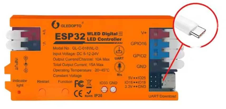 Gledopto WiFi ESP32 WLED LED juostos kontroleris, su mikrofonu ir DIY mode