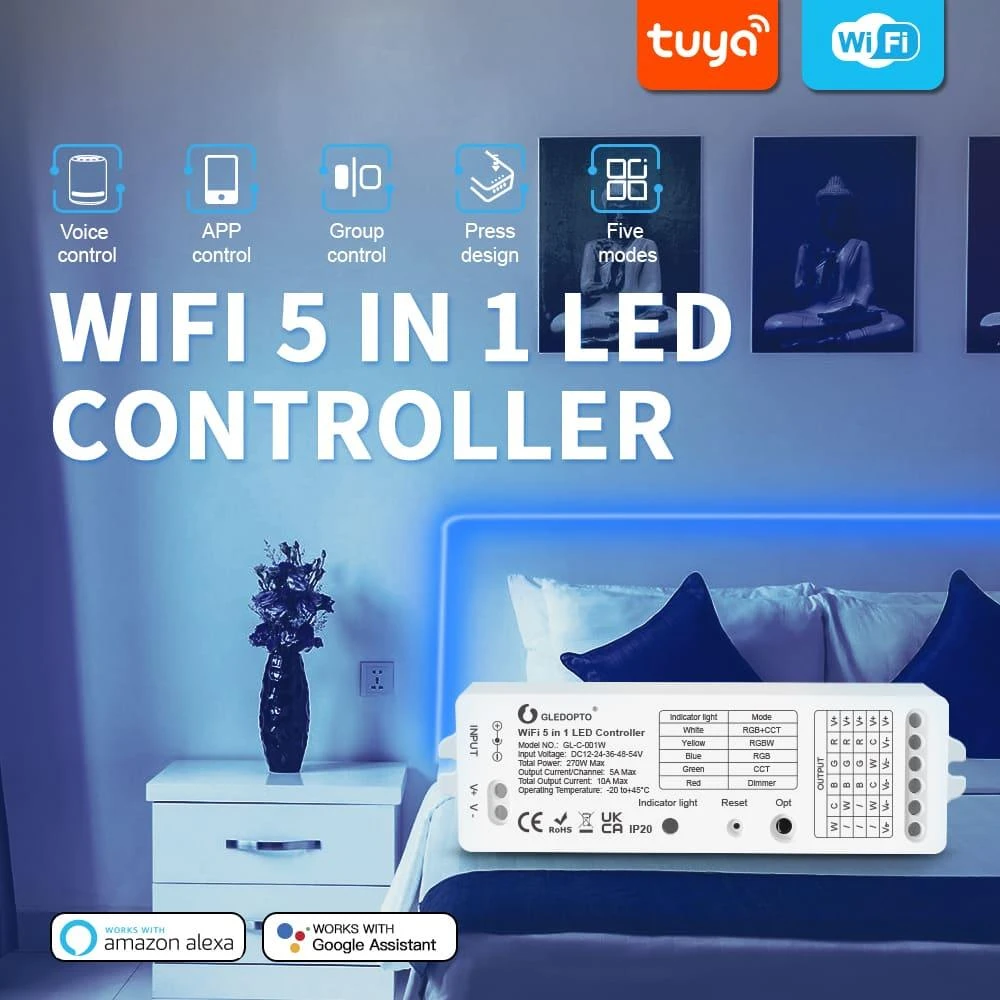 Gledopto Wifi LED kontroleris 10A 5in1 RGBW, Dimmer, RGBCCT, RGB, WW/CW