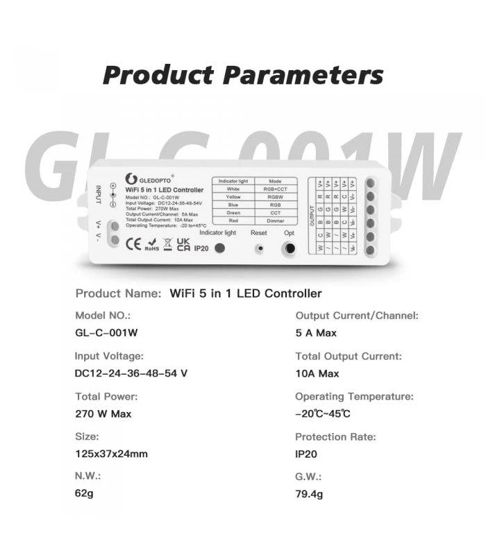 Gledopto Wifi LED kontroleris 10A 5in1 RGBW, Dimmer, RGBCCT, RGB, WW/CW