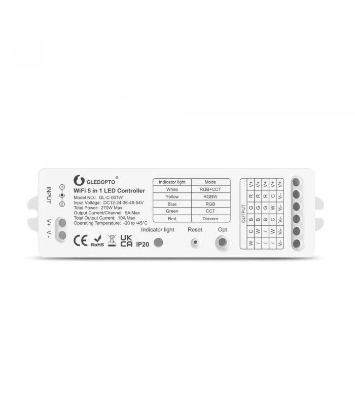 Gledopto Wifi LED kontroleris 10A 5in1 RGBW, Dimmer, RGBCCT, RGB, WW/CW