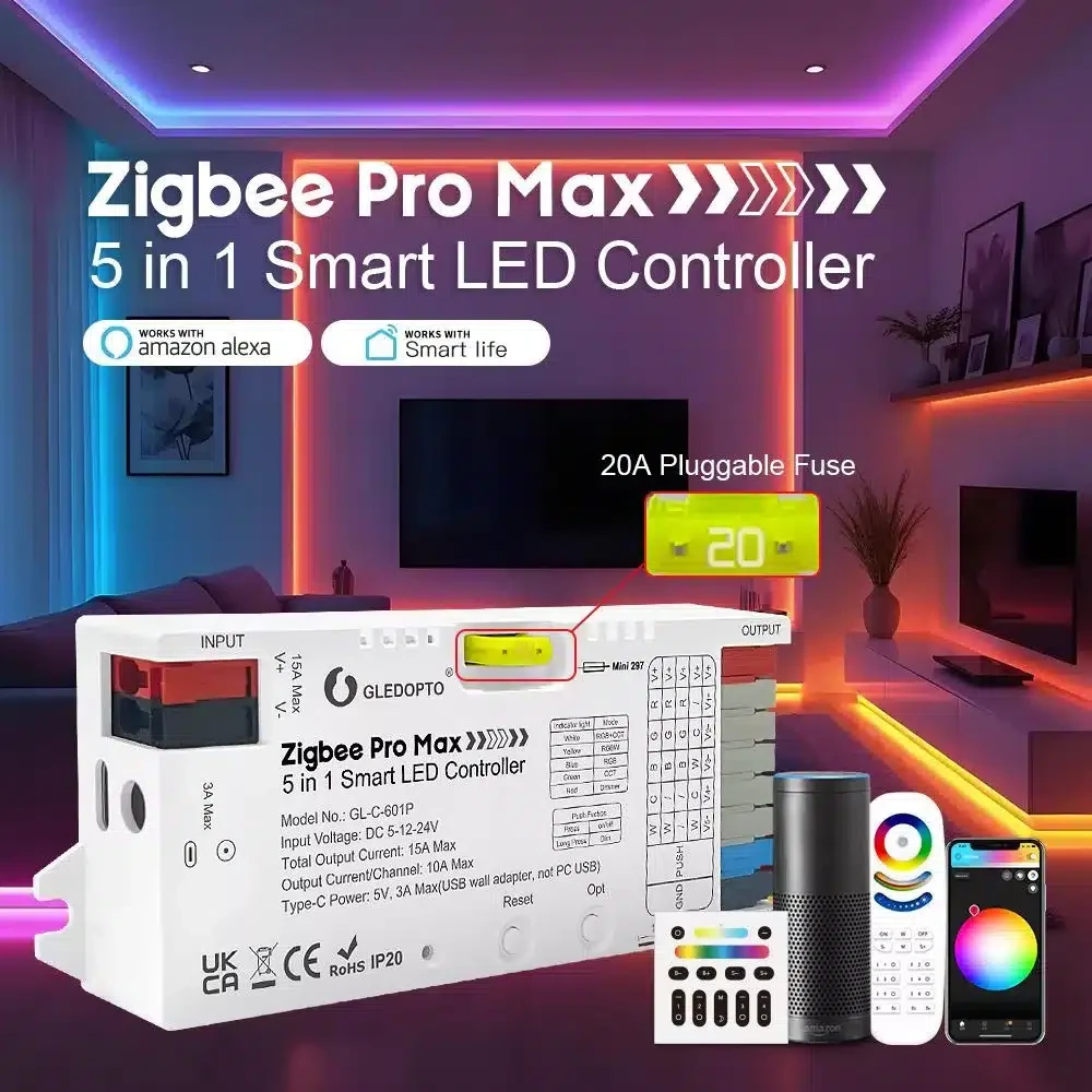 Gledopto Zigbee Pro Max GL-C-601P – 5-in-1 LED valdiklis, 15 A, Zigbee 3.0, RF 2,4 GHz