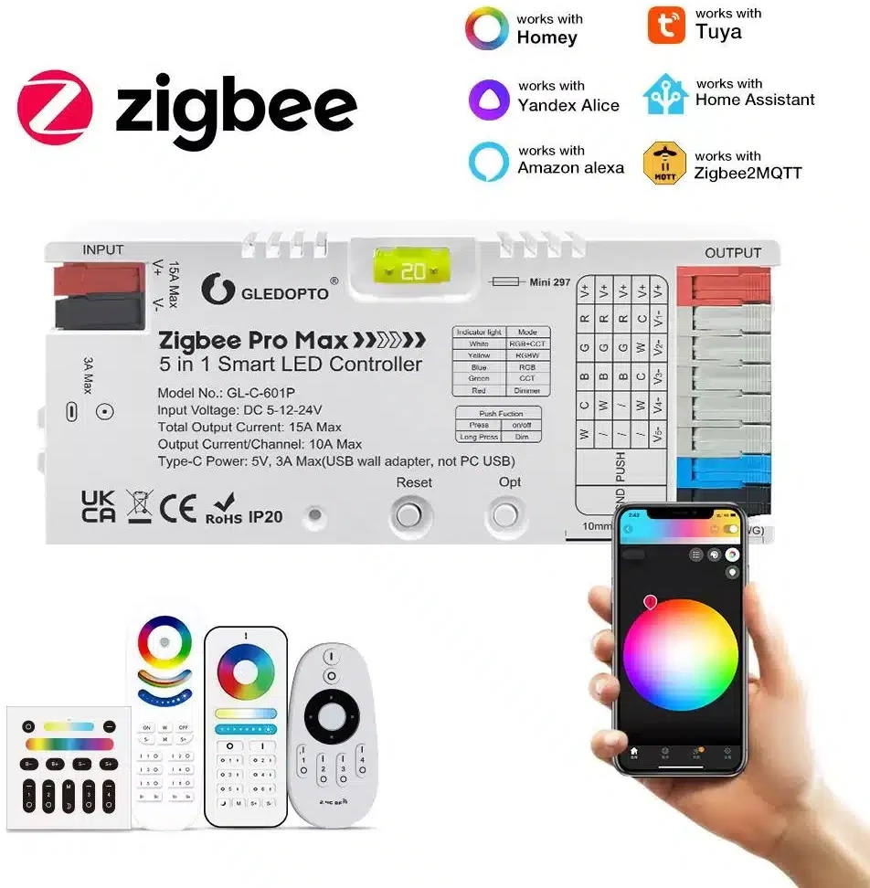 Gledopto Zigbee Pro Max GL-C-601P – 5-in-1 LED valdiklis, 15 A, Zigbee 3.0, RF 2,4 GHz