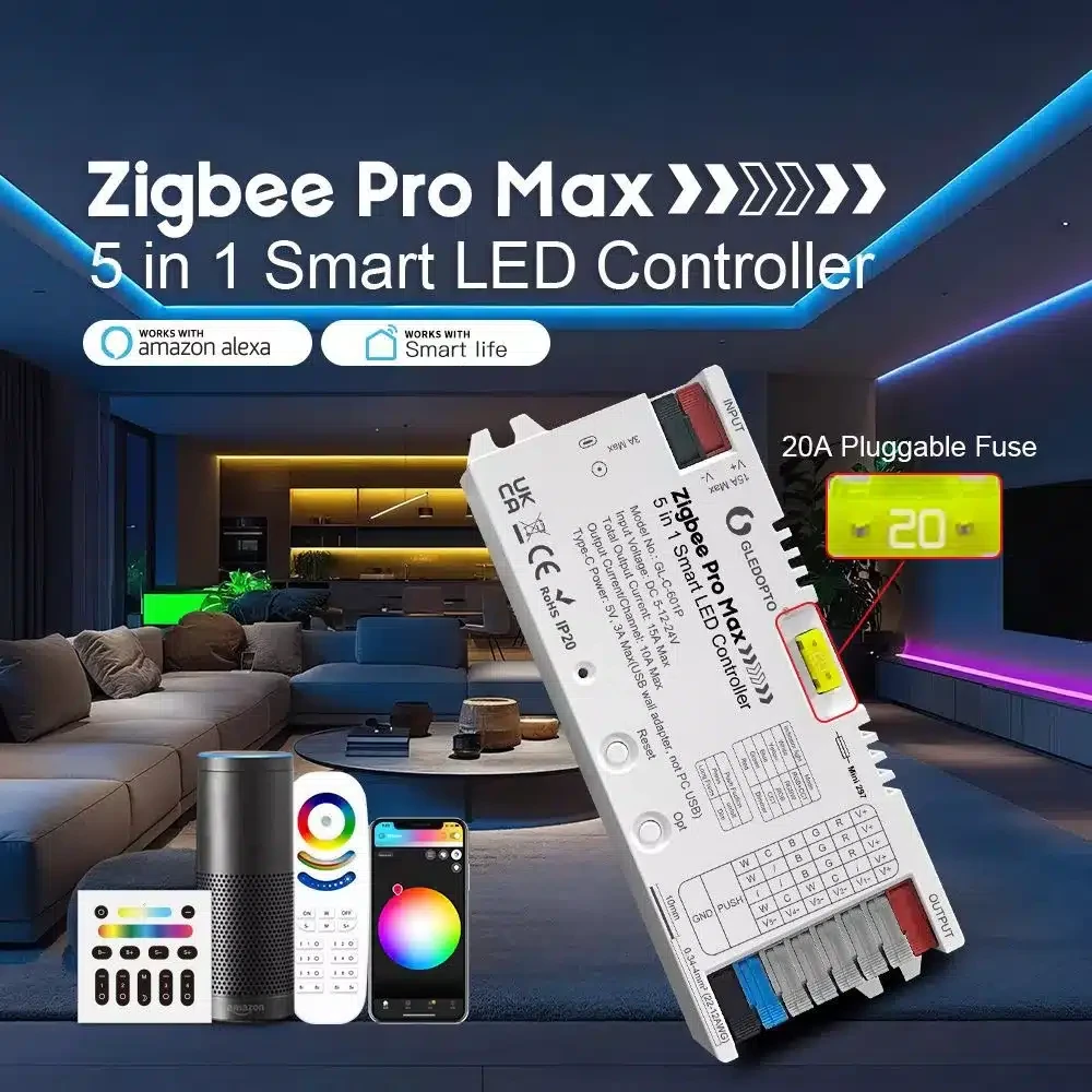 Gledopto Zigbee Pro Max GL-C-601P – 5-in-1 LED valdiklis, 15 A, Zigbee 3.0, RF 2,4 GHz