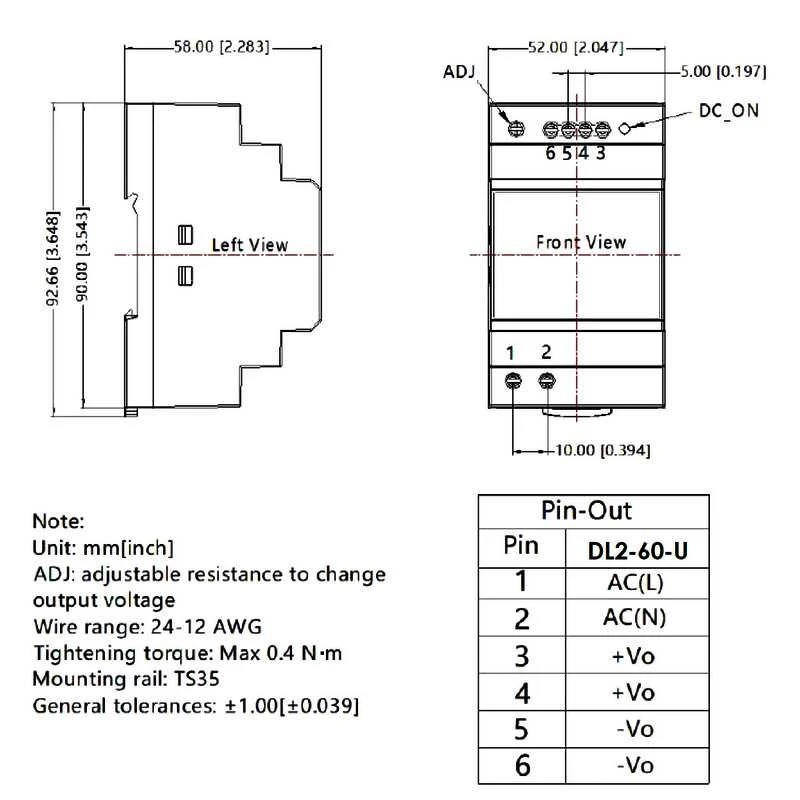 GLP maitinimo šaltinis ant DIN bėgelio 24V 60W (DL2-60-24-U)