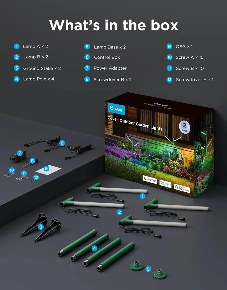 Govee H7086 RGBICWW LED sodo šviestuvai | RGBWW, 1100 lm, 2,4 GHz „Wi-Fi“ + „Bluetooth“, IP66