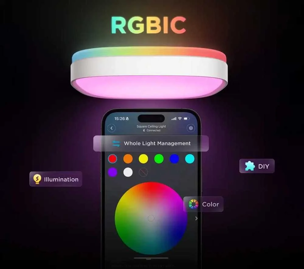Lubinis šviestuvas Govee RGBWW + RGBIC 24W išmanusis kvadratinis šviestuvas 30cm skersmens Matter (H80A4)