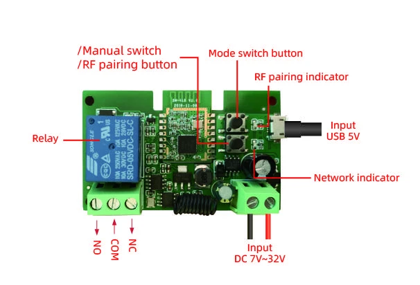 Kita Išmanioji 1 kanalo Zigbee RF 5V-32V relė, NO NC kontaktai 10A AC/DC
