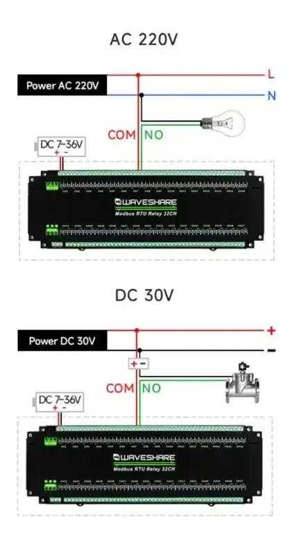 Waveshare modulis 32 kanalų 10A/250VAC/30VDC NO/NC kontaktų relė Modbus RS485
