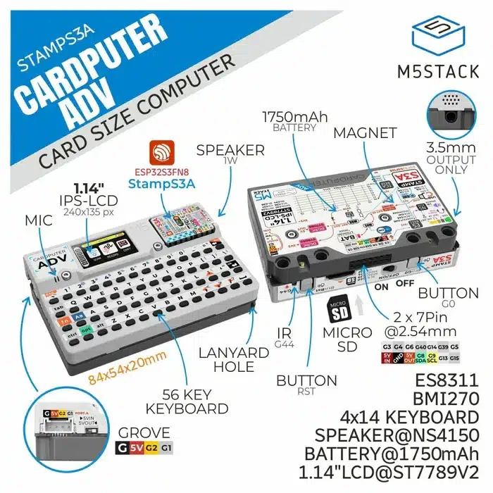 M5Stack Cardputer Adv versija – nešiojamasis kompiuteris su M5Stamp S3A moduliu – ESP32-S3FN8 – M5Stack K132-Adv
