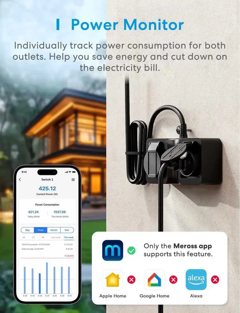 Meross MOP320 Wifi lauko rozetė 2 kanalų 16A Matter