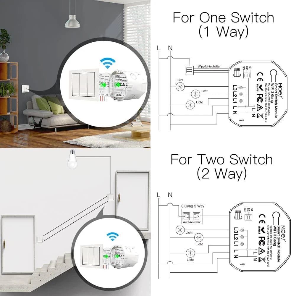 Moes MS-104C išmanusis 3 kanalų / 2 krypčių relinis jungiklis AC 100V-240V 10A valdomas programėle Smart life / Tuya