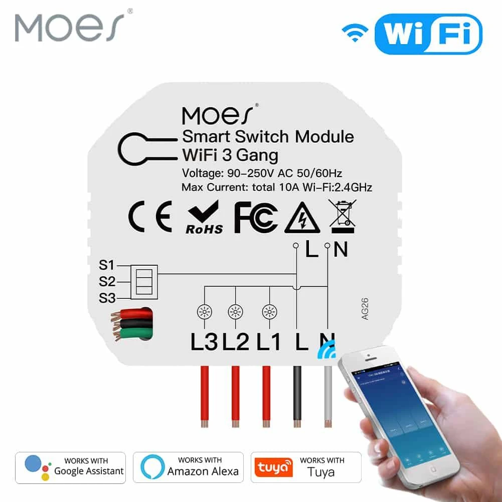 Moes MS-104C išmanusis 3 kanalų / 2 krypčių relinis jungiklis AC 100V-240V 10A valdomas programėle Smart life / Tuya