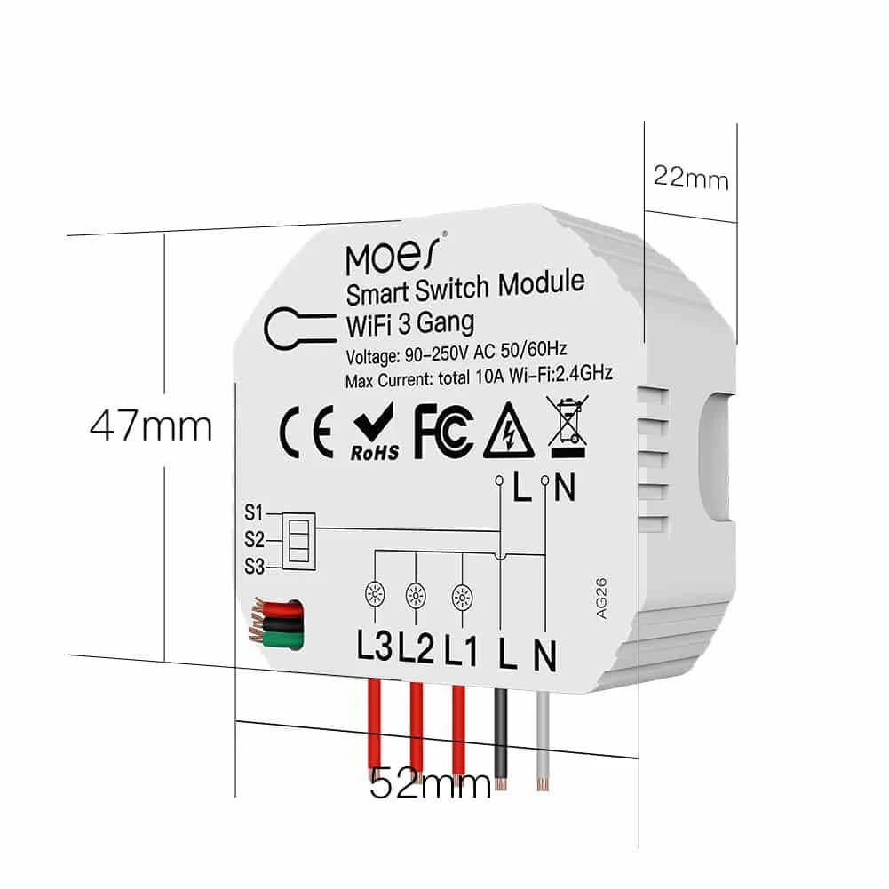 Moes MS-104C išmanusis 3 kanalų / 2 krypčių relinis jungiklis AC 100V-240V 10A valdomas programėle Smart life / Tuya