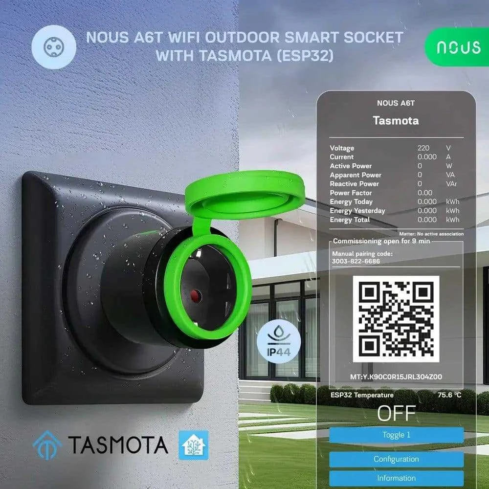 Nous A6T IP44 Tasmota išmabusis Wi-Fi kištukas 16A