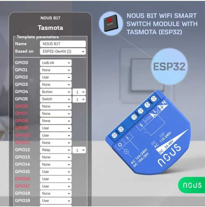 NOUS B1T WIFI Tasmota 1 kanalo relė ESP32
