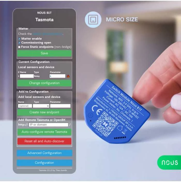 NOUS B1T WIFI Tasmota 1 kanalo relė ESP32